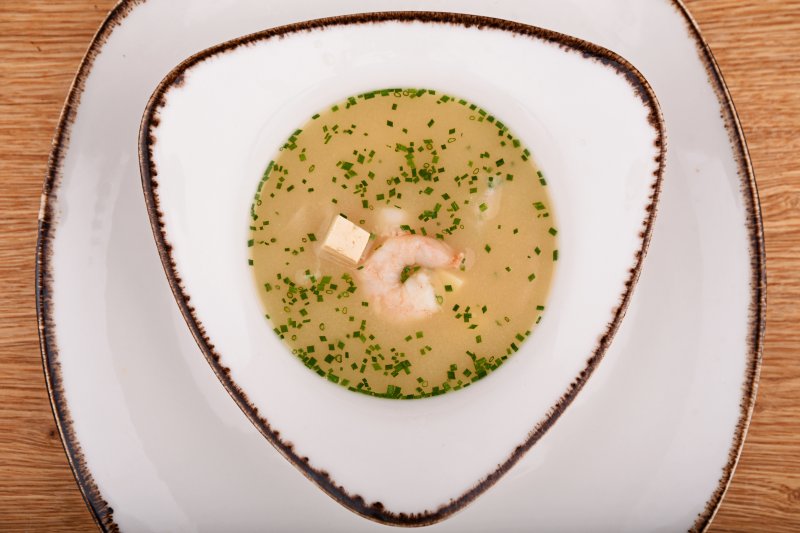 Miso soup with tiger prawns