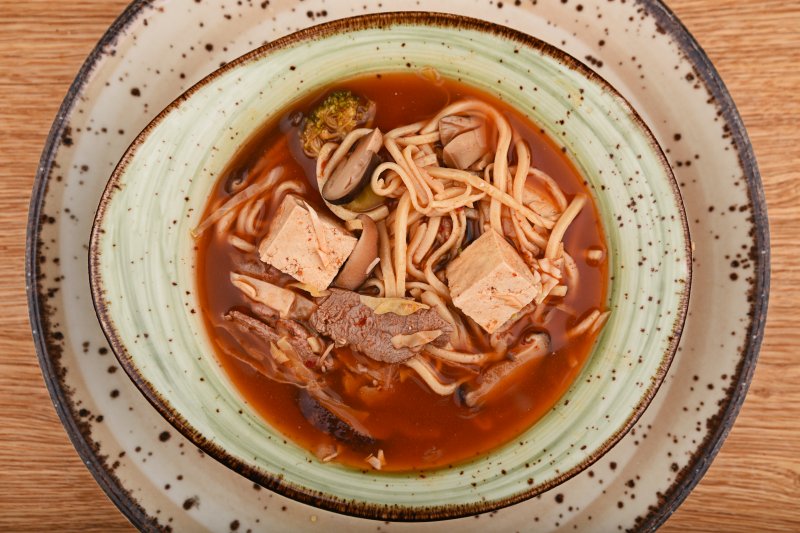 Beef-chili ramen with rice noodles